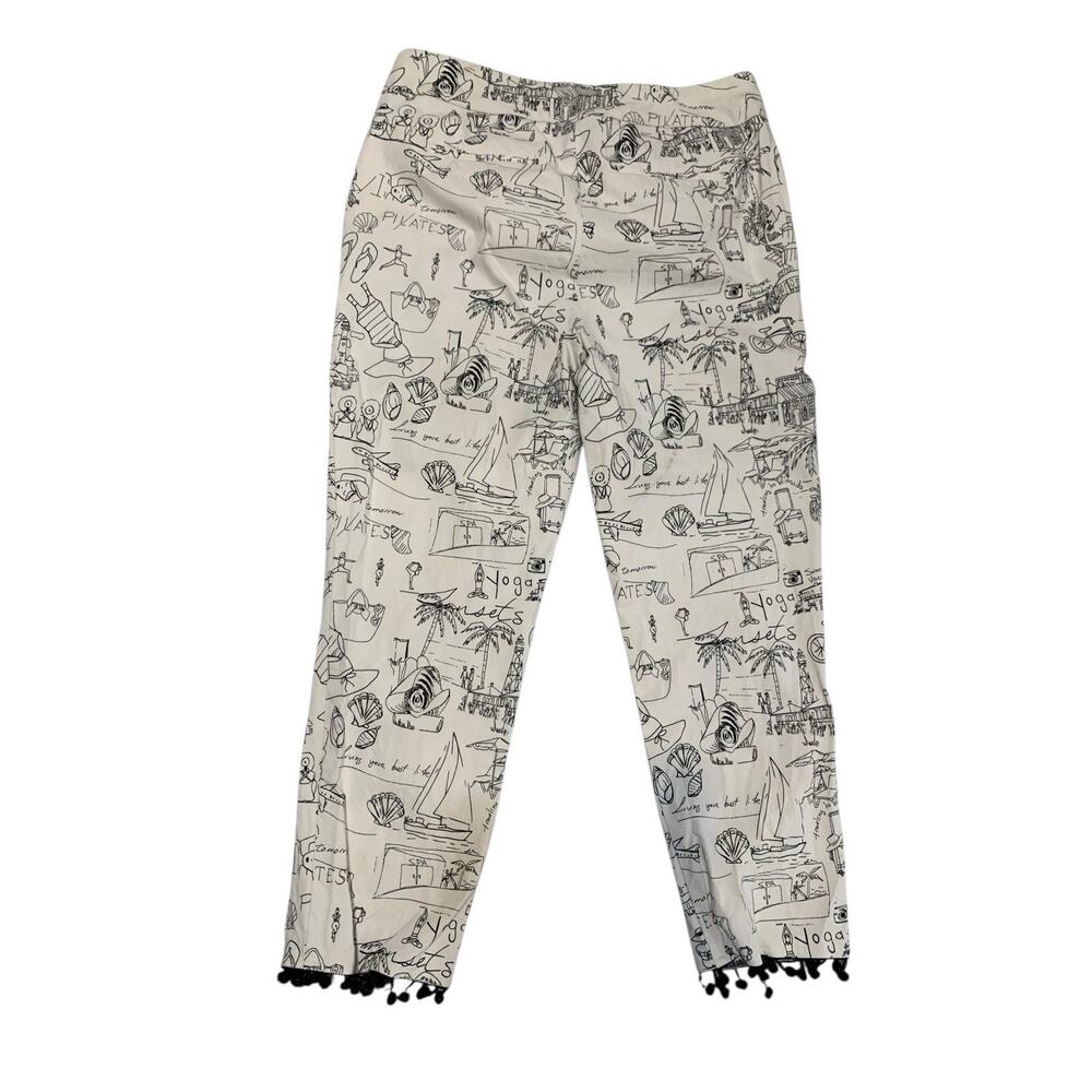 Chico's Perfect Stretch Pants Vacation Yoga Beach Print Pom Pom Trim Size 0.5